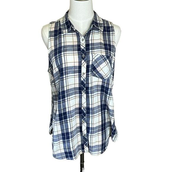 Maurices Womens Size Large Button Front Shirt Blue Yellow Plaid Sleeveless - Picture 3 of 11